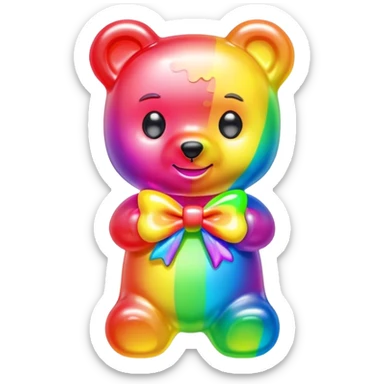 A neon rainbow girl gummy bear with bow sticker