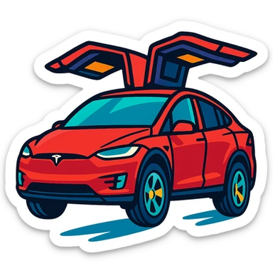 red Tesla Model X, falcon doors raised, driving left to right, slightly upward angle, vibrant cartoon style sticker