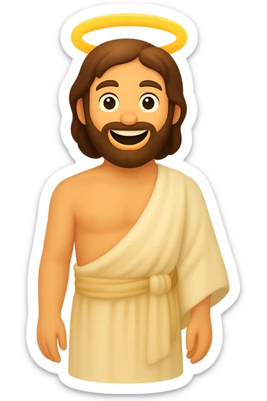 Create a portrait mode image of Apostle Peter in classic emoji style with lighter colors. He should be shirtless with plain robes, an expressive face, smiling, a halo, and no background. Focus on a classic emoji look with simplified features and lighter color palette. sticker