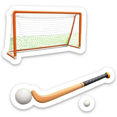 A field hockey stick and ball on a vibrant green grass field, with goalposts and clear field markings in the background. The scene emphasizes the bright, lush grass, highlighting the fast-paced and strategic nature of hockey on a well-maintained pitch. sticker