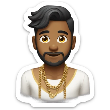 indian boy, with low taper fade and fluffy hair striahgt, , and a started beard, wearing gold chains, with earing.\ sticker