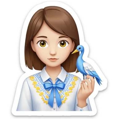 Ukrainian young girl with brown hair wearing a white embroidered shirt holds an origami yellow-blue crane sticker