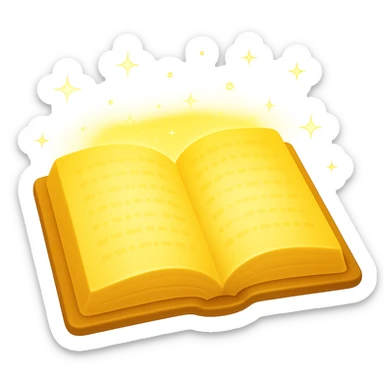 Create a mystic yellow book that looks magical, glowing, and enchanted with subtle sparkles and no flames. Render it in the style of apple emojis with no background. sticker