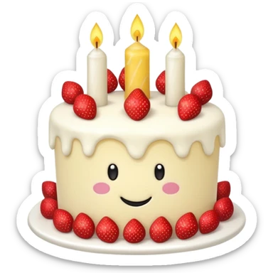 Jellycat vanilla cake with white frostting and strawberries on top with one candle with smiley face sticker