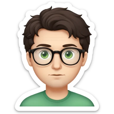 Young man with slightly curled dark brown poofy hair, green eyes wearing glasses, wide face with eyes set apart, bigger ears, pale skin, slightly bigger nose, and very light stubble sticker