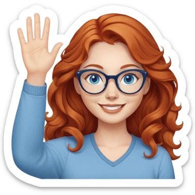 redheaded woman with long wavy hair, blue eyes, cat-eye glasses, casual outfit, smiling, waving sticker