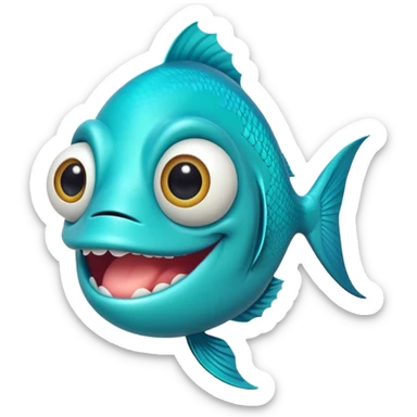 ultra stupid looking bright turquoise fish with dopey expression, huge silly grin with buck teeth, googly eye, perfect flat side profile facing right, exactly 90 degrees, one eye visible sticker