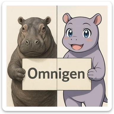two hippo holding sign of omnigen, half picture 1 hippo is realistic another half is the anime of that same second hippo, with before after mark sticker