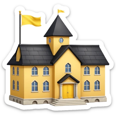 simple magic school, low detail, white background, magic school, black roof, with a big flag, big flag on a roof, big yellow flag, white school sticker