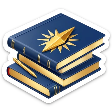 A navy blue productivity book with gold details, chart with upward trend aura, radiating productivity, strategy, and success in motion- sticker