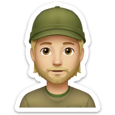 Apple emoji style young man with light skin, long blond hair, short stubble beard, dark eyes, olive green cap, friendly expression, clean shapes and soft gradients. sticker