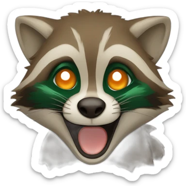 brown raccoon with orange eyes and a dark green hood that is laughing sticker