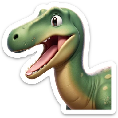 Cinematic Cute Yawning Brontosaurus Portrait Emoji, Head tilted slightly with a dramatic, wide-open yawn, showcasing its monumental, elongated neck and a massive, textured body with sleepy, half-closed eyes and a relaxed, open mouth, Simplified yet irresistibly cute features, highly detailed, glowing with a soft, cozy ancient glow, high shine, relaxed yet expressive, stylized with a dash of whimsical prehistoric ease, soft glowing outline, capturing the essence of a drowsy yet affectionate Brontosaurus that appears ready to stretch and yawn its way out of the screen! sticker
