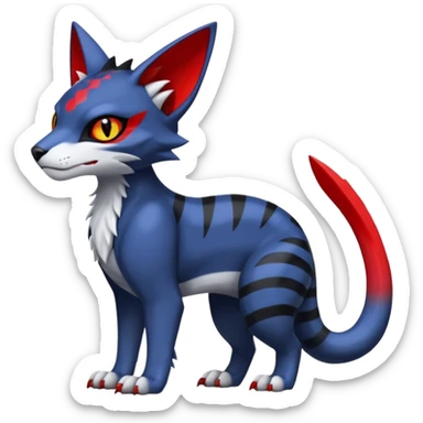 midnight blue-gray-black, with red markings, white belly, scaley scaly batty feline-like quadrupedal digitigrade furry feral Bastet-Noibat-Gatomon-Garchomp-Digimon-Fakémon-Pokémon-creature (full body) sticker