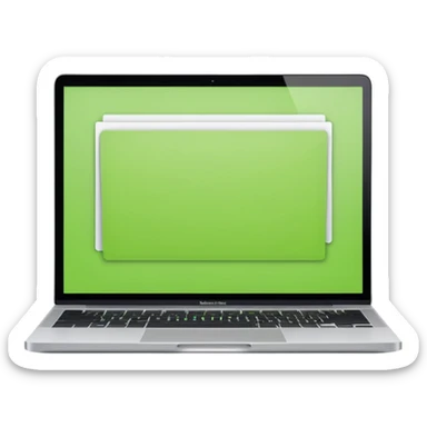 A macbook laptop front facing with its screen showing lime green screen with white paper overlapping outside the monitor . sticker