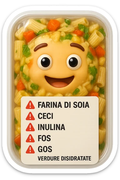 SU QUESTO STILE FAI UN EMOJI STILE IPHONE 3D DI UN insalata di pasta precotta preconfezionata con ETICHETTA CON GLI INGREDIENTI SCRITTI, "farina di soia, ceci, inulina, FOS, GOS, verdure disidratate" accanto ad ogni nome scritto mettici un segnale di allarme, FALLO MOLTO REALISTICO IN 3D sticker