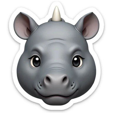 cinematic-noble-cute-young rhino-portrait-emoji,slate-grey-hide-poised-and-regal,-with-a-massive,-powerful-build-and-a-thick,--deep-set-soulful-piercing-eyes,-simplified-yet-sharp-and-sophisticated-features,-highly-detailed,-large-black-eyes, white horn, front facing, zoomed out showing shoulders sticker