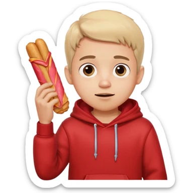 ute funny Spanish cartoon boy named Peque Tito, red hoodie, denim shorts, big expressive eyes, holding a churro, Pixar-style, viral character.” sticker