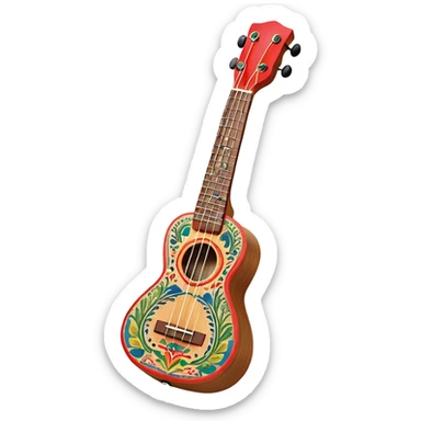 Create a vibrant and artistic emoji representing a ukulele with a Mexican design. The ukulele should feature a bright, colorful body with traditional Mexican patterns, such as geometric shapes, floral motifs, or colorful stripes. Use rich, warm tones like red, yellow, green, and blue to give the instrument a lively, festive look. Highlight the wood grain of the ukulele’s neck and fingerboard, and add subtle details like decorative inlays or a small Mexican flag symbol on the body. The strings should be clearly visible, and the instrument should be in a slightly angled position to showcase its unique design. The background should be transparent. sticker