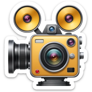 Minimal emoji icon of a huge cinematic metalic camera, front view, realistic lens, no gold sticker
