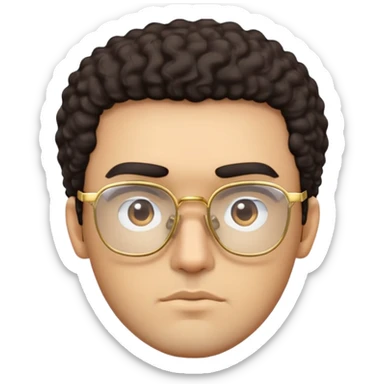 Man with angular square face, thick straight eyebrows, dark curly short hair, light stubble, neutral serious expression, wearing large square gold glasses sticker