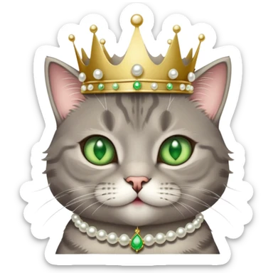A cutesy fluffy, cool grey tabby cat with green eyes, white tummy, a simple pearl necklace and crown sticker