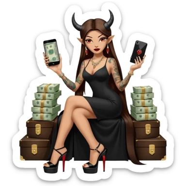 Sensual queen long brown straight haired mafia woman with black shiny platform high heels on her feet,  and black devil horns on her head, tattoos on arms , holding a stack of cash, has a phone in other hand. Sitting on a large big new model F350 pickup truck  long black dress with  slit sticker