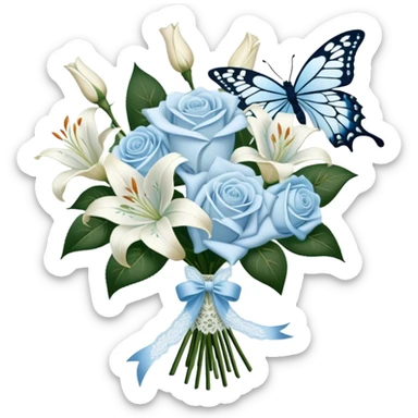 A classic bouquet of pale blue roses, delicate white lilies, and trailing jasmine, tied together with an embroidered ivory ribbon. A butterfly with lace-like wings hovers nearby, casting a soft, intricate shadow over the bouquet. sticker