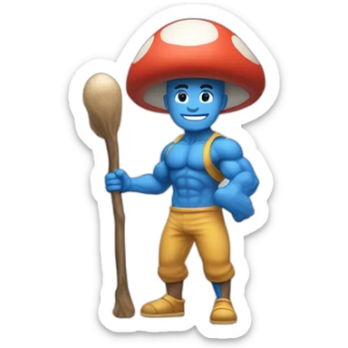 Strong muscles Blue human NO ears wearing a mushroom cap carrying a stick in one arm standing on two legs sticker