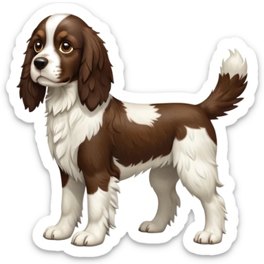 cinematic-[Springer Spaniel]-realistic-full-body-standing-emoji,-tail-resting-loosely-beside-its-paws,-head-tilted-dramatically, -scruffy-[brown and white]-fur,-simplified-yet-realistic-focused-features,-highly-detailed,-glowing-with-an-almost-sarcastic-glow sticker
