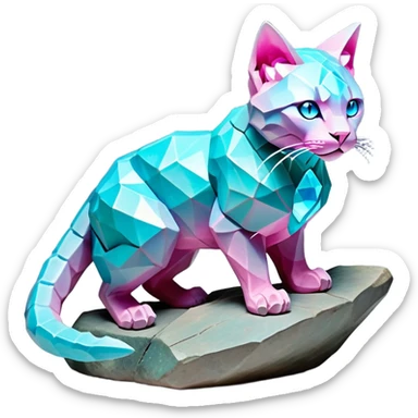 This fascinating hybrid creature combines the rocky ferocity of Boulderbite with the mystical elegance of Etherfeline. The result is a creature with a core body composed of angular, faceted stones in varying shades of turquoise, pink and gray. From the cracks between these stones emanates a soft blue ethereal glow. It has the general shape of a feline, but with crystalline rock formations creating its limbs and body. Its large, expressive eyes feature purple irises with amber outer rings, giving it a hypnotic gaze. The creature sports pointed ears lined with purple crystal formations, and a tuft of blue flame-like energy flows from its head and along its spine. Its tail is a flexible chain of smaller rocks wrapped in the same ethereal blue energy. When it opens its mouth, sharp crystalline teeth are revealed, though its expression is more mysterious than threatening. Small whisker-like energy tendrils extend from its muzzle, occasionally emitting tiny ice crystals. full body sticker