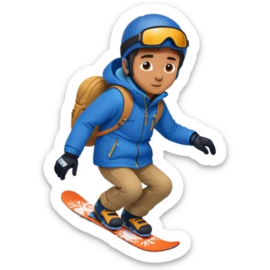 Boy wearing blue jacket snowboarding down snowy mountain ￼ sticker