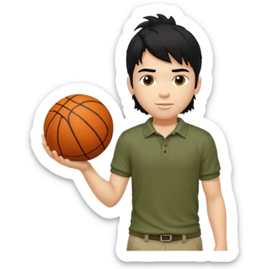 generate a pretty fair bratz boy with a long messy mullet (black hair), carrying a basketball in one hand. Smirking .  Wearing an olive polo shirt. Lean but biceps sticker