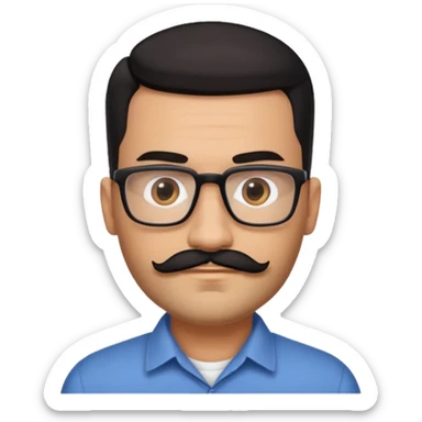 Attractive Hispanic TV host in his mid to late 40s with light brown skin, short straight black hair slicked back with fade on sides, square handsome face with strong jawline, friendly approachable expression, black beard and moustache, wearing glasses sticker