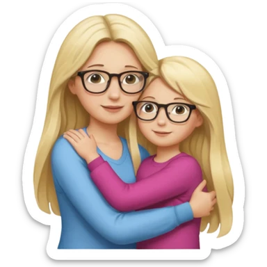 je voudrai un emoji d'une maman blonde avec des lunettes et de sa fille aux cheveux longs et blonds avec des lunettes qui fond un calin, les 2 ont les cheveux longs sticker