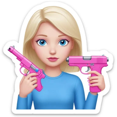 white girl, blue eyes, pink nails, holding a pink gun sticker