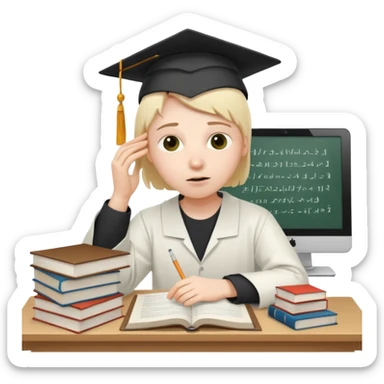 A very exhausted graduate student studying statistical physics. With some books on statistical physics, and a lot of papers, and computers sticker