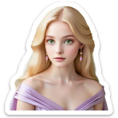 Cinematic Realistic Rapunzel Portrait, with porcelain-like skin featuring a subtle, natural glow, illuminated by soft lighting that brings out the gentle contours of her face. Her long, golden blonde hair cascades in detailed waves, each strand highlighted with a radiant shimmer as it catches the light. She playfully holds a flower in one hand, her other hand resting casually in her lap, with a warm and spirited expression. Her bright, expressive green eyes exude curiosity and warmth, framed by delicate lashes and soft, arched brows. She is dressed in her classic lavender and pink gown, the fabric textured with delicate folds that flow naturally, catching the light with a soft, radiant glow. The portrait captures a luminous, enchanting aura, seamlessly blending realism with a whimsical, fairytale charm, evoking a timeless sense of beauty and magic. sticker