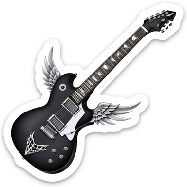 Create a dynamic and bold emoji representing the Dean VMNT AOD electric guitar (V-shaped model) inspired by Dave Mustaine's Angel of Death. The design should feature the sharp, angular 'V' shape of the guitar with a unique, striking graphic, including elements like dark skulls or angel wings to reflect the album's themes. Use bold colors like black with silver or gold accents, and add metallic details like chrome tuning pegs and pickups. The guitar should have a powerful, rebellious look, reflecting the heavy metal vibe. The background should be transparent. sticker