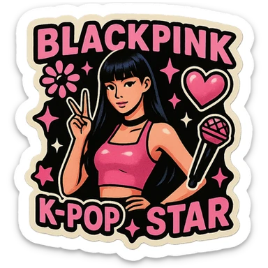retro sticker style album cover inspired by BLACKPINK, featuring bold black and pink colors, playful graphics, bold outlines, and a K-pop pop star vibe sticker