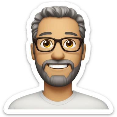 Man aged 40. Short stripped hair and short brown beard, big brown eyes, gray opthical glasses, big smile sticker