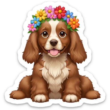 Full body shot of a brown cocker spaniel sitting happily with lots of flowers on his head sticker