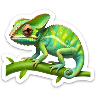 cinematic cute-smiling baby chameleon-realistic emoji,-blending-with-vibrant-greenery.-detailed-scales-in-shifting-colors,-showing-the-chameleon’s-ability-to-camouflage.-soft-natural-light-highlights-its-texture.-light-background, zoomed into its face sticker