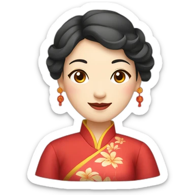Chinese middle aged lady wear Chinese traditional dresses with a sign of agreeable gesture sticker