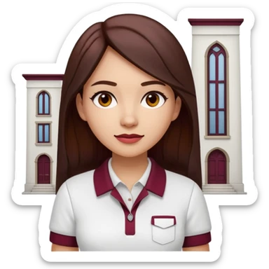 architect woman light skinned dark brown hair in WHITE POLO, long hair but then wearing proper architeture attire maroon touch of colors sticker