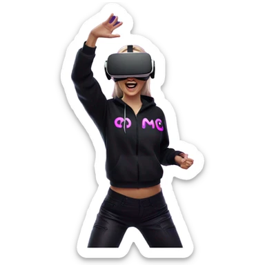 Russian girl wearing black hoody with violet letters "OMG", in vr headset oculus quest2. Dancing. Cyberpunk style. Violet neon. sticker