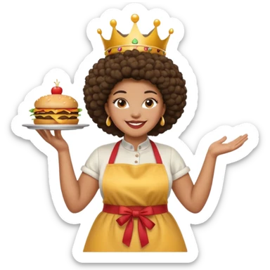 Mujer curvy afro, con vestimenta cómoda y delantal,con una corona sobre su cabeza y sonrisa contagiosa. Entre brazos comida rapida sticker