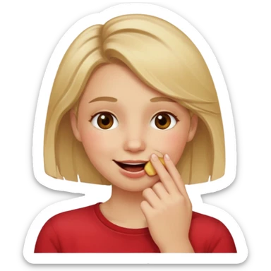 Hand over mouth with blushed cheeks more redness on cheek and smiling  more more redness  dirty blonde hair  sticker