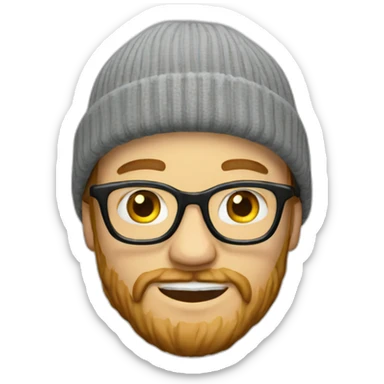 A white guy with a beard wearing glasses and a beanie sticker