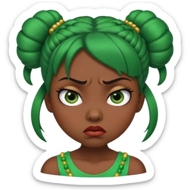Create a 3D cartoon-style girl character with dark skin, round face, angry expression, big wide eyes, and tightly styled double buns made of green beaded hair. The girl should look irritated, eyebrows sharply angled, and lips pressed in a frown. sticker
